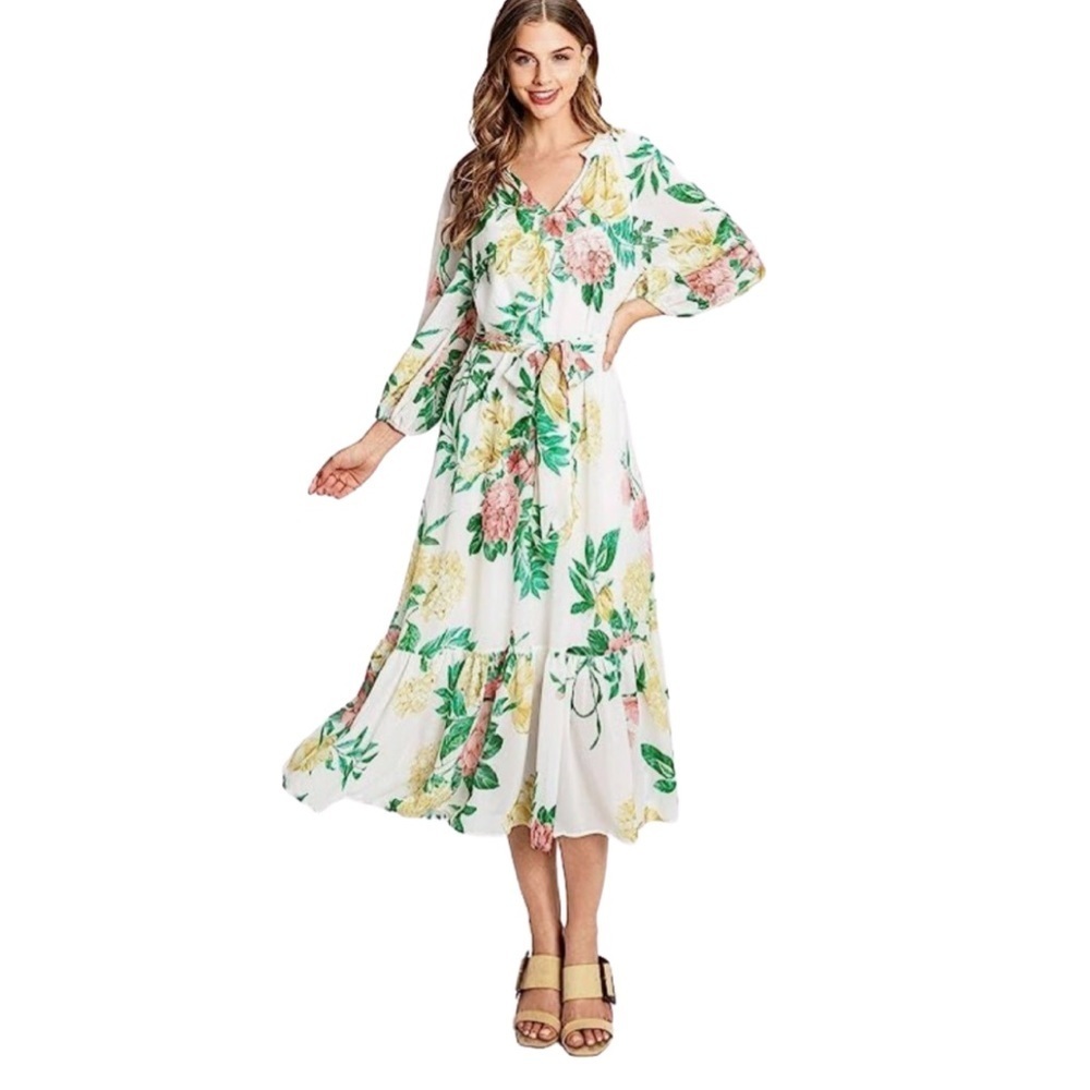 Flying Tomato White Ruffled Wrap Midi Dress